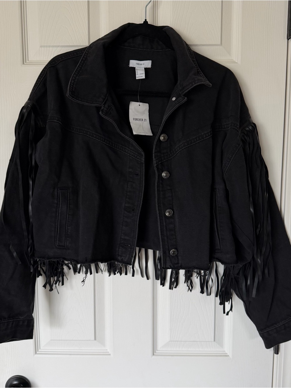 Forever 21 NWT Black Fringe Denim Jean Jacket - Large